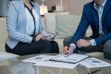 Finance team and Investment consultant analyze data insight and financial planning strategy for investment portfolio stock market growth.