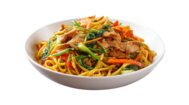 A bowl of noodles with meat and vegetables