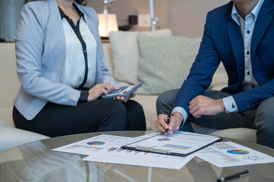 Finance team and Investment consultant analyze data insight and financial planning strategy for investment portfolio stock market growth.
