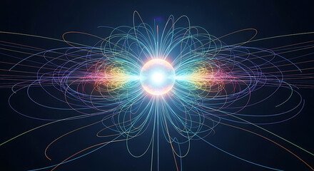 A glowing sphere surrounded by swirling colorful lines on a dark blue gradient background design