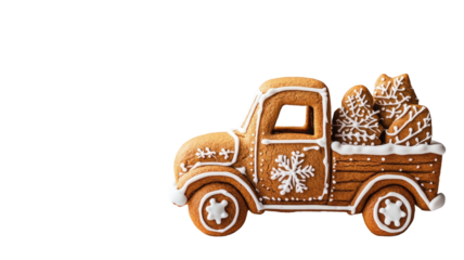 Charming gingerbread truck cookie featuring detailed icing decoration and festive baked texture in playful handcrafted style isolated on white background