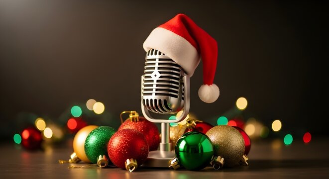 Vintage microphone with Santa hat for Christmas karaoke night	 - Powered by Adobe
