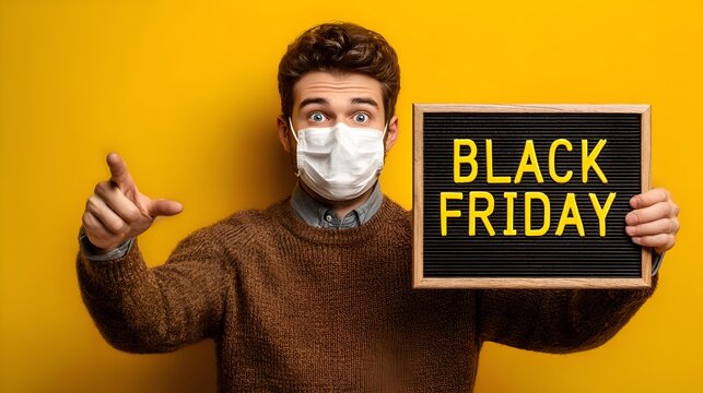 Man with face mask excitedly presents a Black Friday sign against yellow background, gestu towards the big sale event with anticipation.