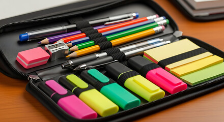 Naklejka premium A pencil case filled with pens pencils highlighters eraser sharpener and sticky notes on a wooden surface