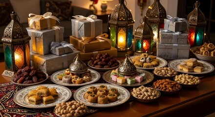 Traditional Islamic holiday table setting with sweets, dates, gifts, and illuminated Ramadan lanterns.