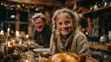 A young girl with braided hair smiles at a warm holiday dinner in a rustic cabin, with family and flicke candlelight creating cheer.