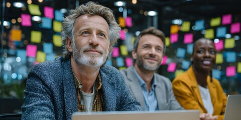 Three diverse business colleagues sit attentively du a meeting in a modern office with colorful sticky notes on the glass wall behind them.