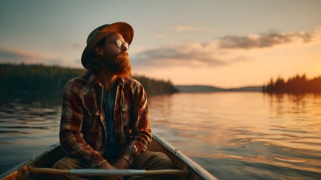 A man with a beard wea a hat enjoying the peaceful sunset while sitting in a canoe on a calm lake surrounded by nature in the wilderness. - Powered by Adobe