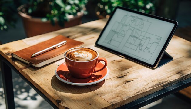 Red cup of latte art coffee, notebook, and tablet displaying design plans on a sunlit wooden table outdoors, concept for remote work, creative professionals, and coffee breaks.