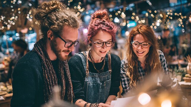 Three young adults wea glasses are examining documents together in a warmly lit indoor market with festive lights hanging overhead.