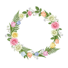 Obraz premium Floral wreath with roses and tulips isolated on transparent background