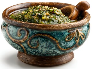 Close up of vibrant green pesto sauce with sesame seeds in a decorative ceramic bowl alongside a wooden spoon, isolated against white background.
