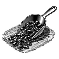 An elegant, hand-drawn illustration depicts numerous roasted coffee beans overflowing from a classic metal scoop onto a rustic fabric surface, emphasizing a timeless beverage.