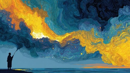 Abstract painting of a figure manipulating a fiery, smoky cloud over a body of water