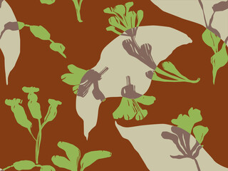Abstract overlapping silhouette floral and leaf seamless pattern. Contemporary botanical flowers leaves shapes design.