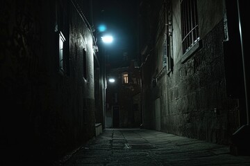 Fototapeta premium Whispers in the Alleyway: a dimly lit alleyway, where shadows dance, and history lingers, lit by a lone streetlight, evokes a sense of mystery and intrigue.