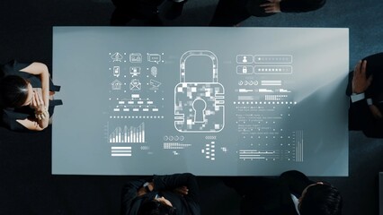 A modern conference table features digital security concepts, including a lock graphic, surrounded...