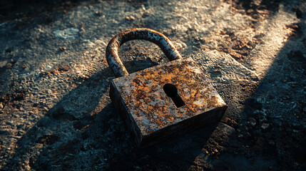 Detailed lock with rust evokes security concerns and aging infrastructure, symbolizing obsolescence and the passage of time with metal