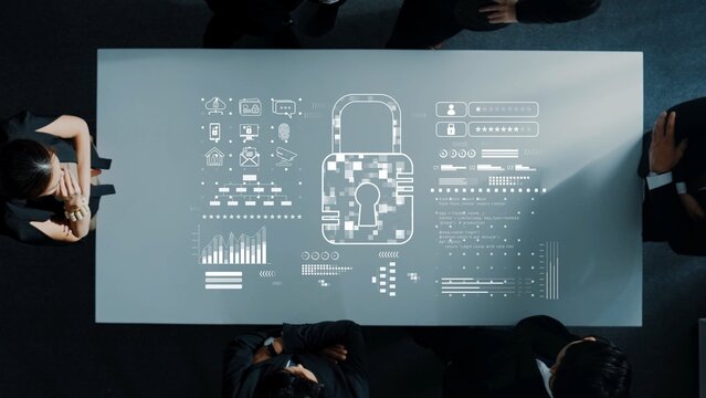 A modern conference table features digital security concepts, including a lock graphic, surrounded by professionals engaged in a meeting discussing data protection strategies. Raster - Powered by Adobe