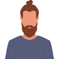 Illustration of a man with a beard and bun hairstyle wearing a blue shirt isolated on a transparent background depicted in a flat design style