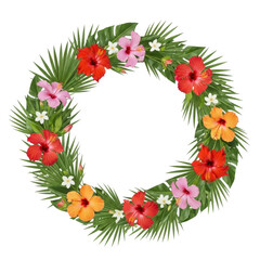 Obraz premium Tropical hibiscus flower wreath with palm leaves isolated on transparent background