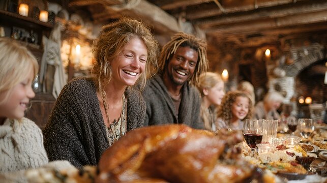 A happy diverse family enjoys a festive holiday dinner with a large roasted turkey at a long wooden table in a cozy and rustic setting.