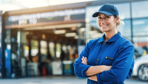 Confident female mechanic smiling in blue uniform at an auto repair shop, concept for automotive service, skilled trades and women in industry. - Powered by Adobe