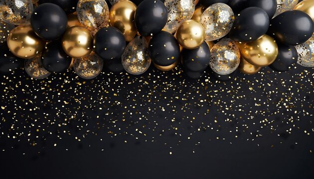 Golden and black balloons with falling confetti on a dark background, concept for celebrations, luxury events and festive marketing