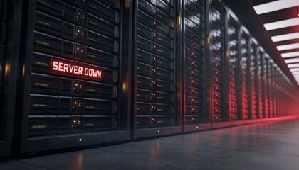 Server racks in a dark data center displaying 'SERVER DOWN' in red, indicating a critical system failure, concept for IT infrastructure, network security, and disaster recovery.