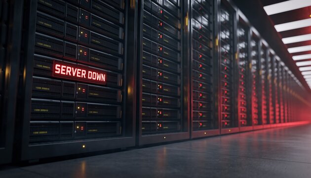 Server racks in a dark data center displaying 'SERVER DOWN' in red, indicating a critical system failure, concept for IT infrastructure, network security, and disaster recovery.