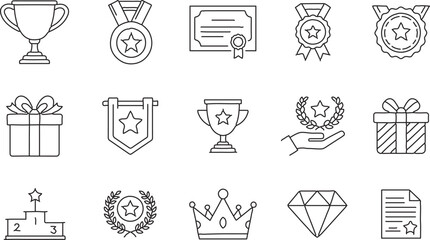 Awards, recognition, achievement, and success line art icons set
