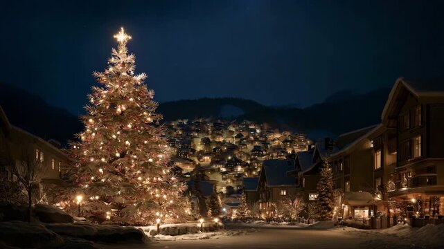 Set against a snowy hamlet and a vista of northern lights, this decorated outdoor Christmas tree glows with yellow lights, red, and gold ornaments beneath a star-topped crown, creating a wonderful win