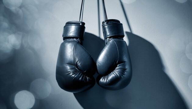 Black boxing gloves hanging dramatically against a wall with bokeh light, concept for sports, fitness and motivation