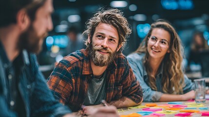 A group of young creative professionals collaborate on a project with colorful sticky notes in a modern open office environment for teamwork.