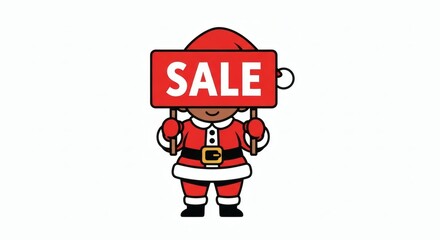 Fototapeta premium Cute cartoon child dressed as santa claus holding a red sale sign