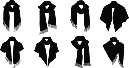 Black scarf silhouettes, isolated fashion accessory icons, winter clothing design, neckwear illustration set, stylish wrap collection, vector template, cozy outfit element