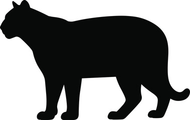 Black silhouette of a big cat standing on white background, wild feline animal side profile, jungle predator shape, isolated vector illustration
