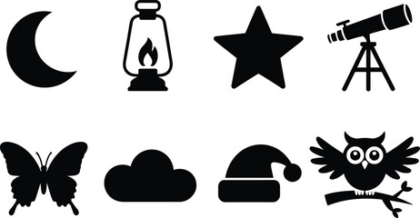 Black silhouette icons of moon, lantern, star, telescope, butterfly, cloud, Santa hat, and owl on branch, nature and night symbols