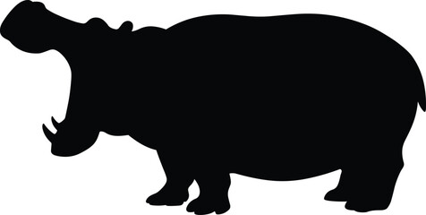 Black silhouette of a hippopotamus with open mouth, large wild animal standing sideways, isolated on white background, African wildlife, nature and safari concept
