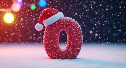 Red letter o with santa hat in snow with christmas lights behind