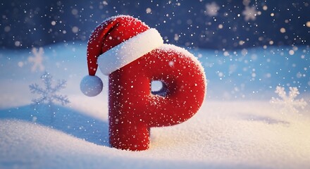 Red letter p wearing santa hat in snow with blurred background scene