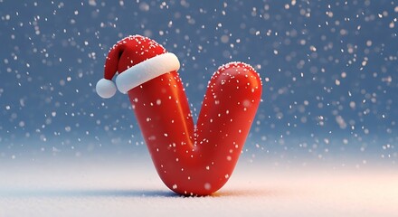 A red letter v wearing a santa hat in the snow falling around it
