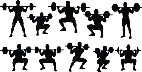 Black silhouette vector set of athletes performing barbell squats in multiple positions, strength training exercise poses, gym workout illustration