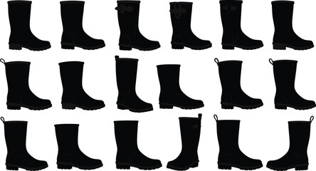 Boot silhouettes collection, fashion footwear vector artwork, stylish shoes illustration, outdoor and casual design elements, trendy leather boots, cad drawing flat vector illustration