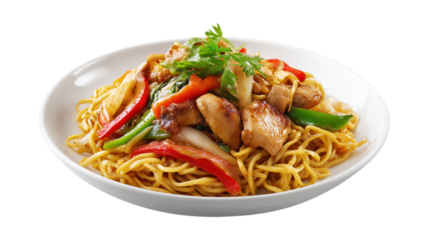 A plate of stir-fry with chicken broccoli  and carrots