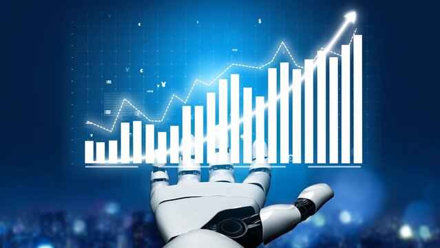 A robotic hand reaches toward a dynamic data visualization showcasing a rising graph, symbolizing growth and innovation in the technology-driven business landscape. Copula