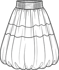 Bubble skirt fashion design, gathered waistband, technical sketch, garment construction, cad drawing, flat vector illustration, apparel template, sewing details