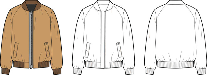 Brown bomber jacket front and back view, fashion garment design, technical flat sketch, clothing vector illustration