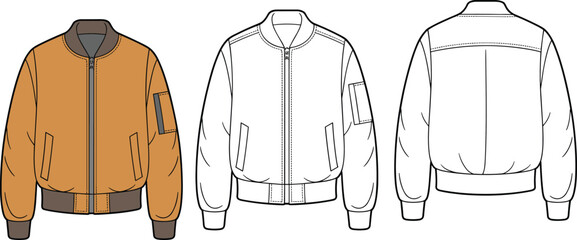 Brown bomber jacket with zipper, sleeve pocket, front and back view, garment fashion design, clothing illustration