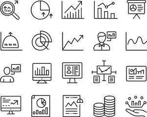 Business analytics icons, data chart symbols, financial growth, report presentation, analysis graphics, pie charts, bar graphs, statistics, office vector illustration